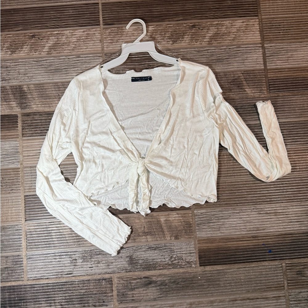 Cream Ribbed Tie-Front Top